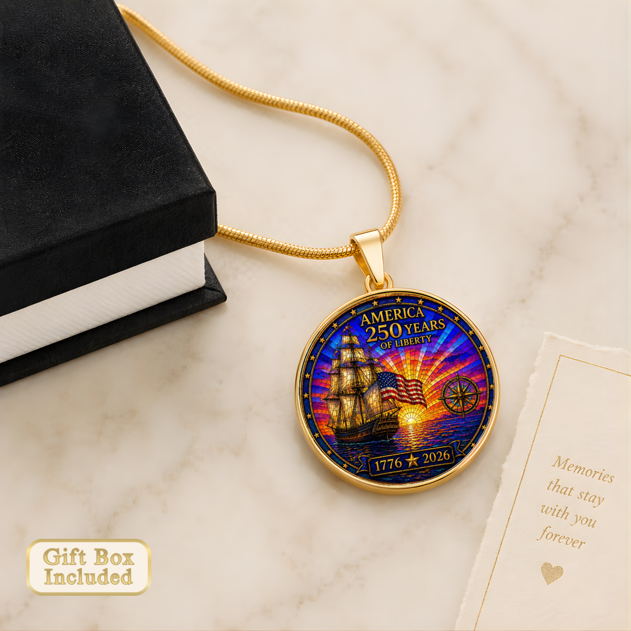America 250 Years Necklace or Keychain Stained Glass Style Liberty Ship Patriotic Commemorative Limited Edition