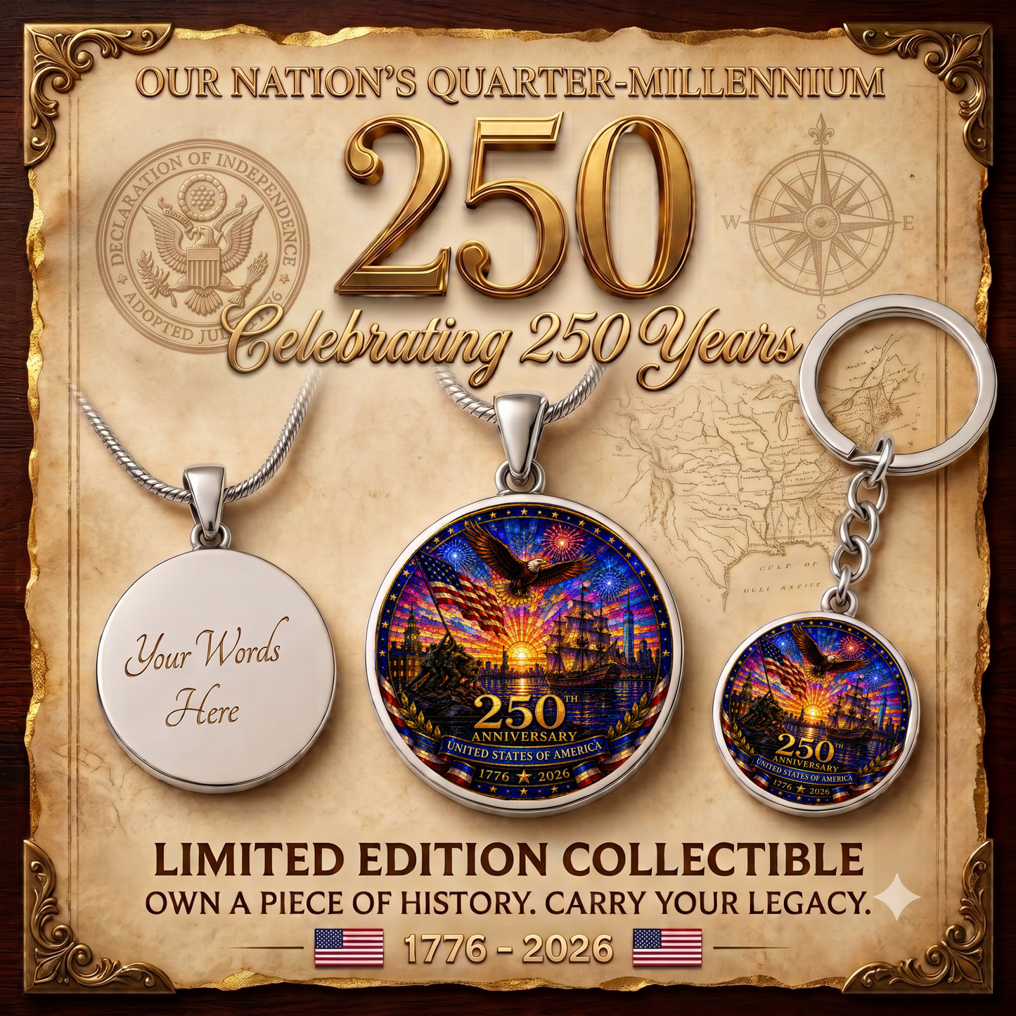 250th Anniversary United States of America Necklace or Keychain Stained Glass Style Patriotic Eagle Ship USA Commemorative Limited Edition