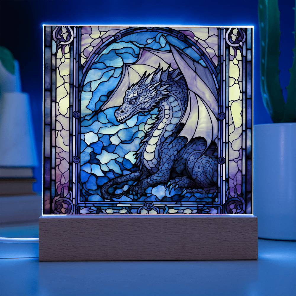 Stained Glass Mythical Dragon Plaque and LED Light