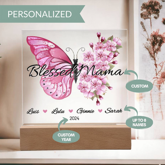 Personalized Pink Butterfly Blessed Mama with Kids Names Plaque