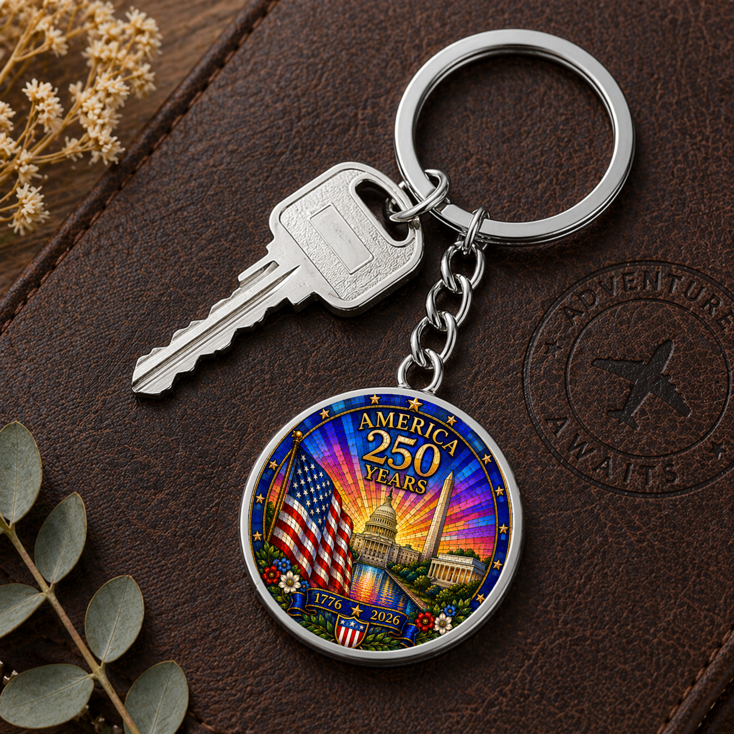 America 250 Years Necklace or Keychain Stained Glass Style USA Commemorative Limited Edition Patriotic Keepsake