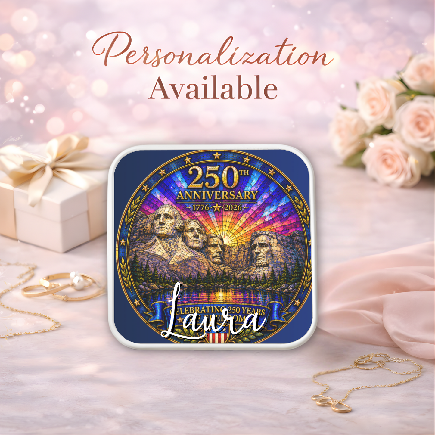 Mount Rushmore 250th Anniversary Necklace or Keychain Stained Glass Style Patriotic USA Commemorative Limited Edition