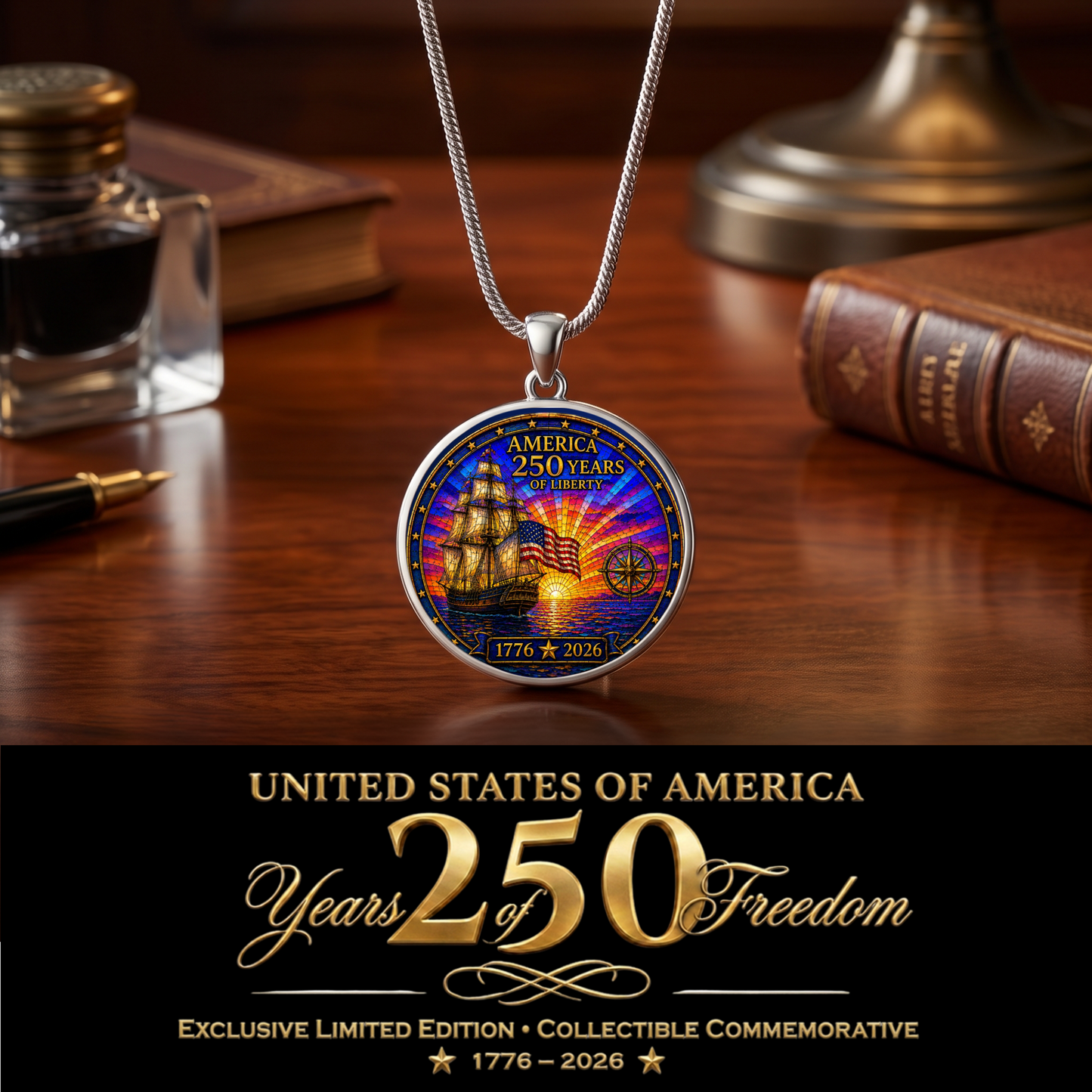 America 250 Years Necklace or Keychain Stained Glass Style Liberty Ship Patriotic Commemorative Limited Edition