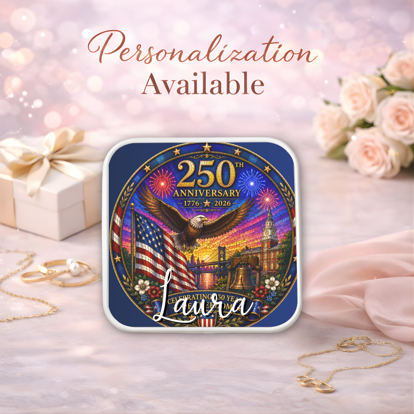 250th Anniversary Necklace or Keychain Stained Glass Style Patriotic USA Freedom Commemorative Limited Edition