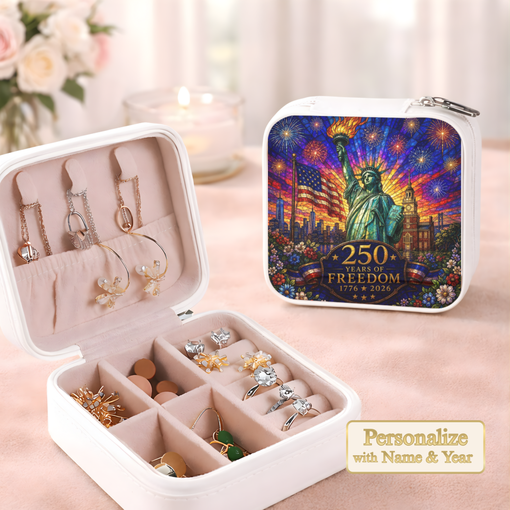 250 Years of Freedom Necklace or Keychain Stained Glass Style Statue of Liberty Independence Hall Patriotic USA Commemorative Limited Edition