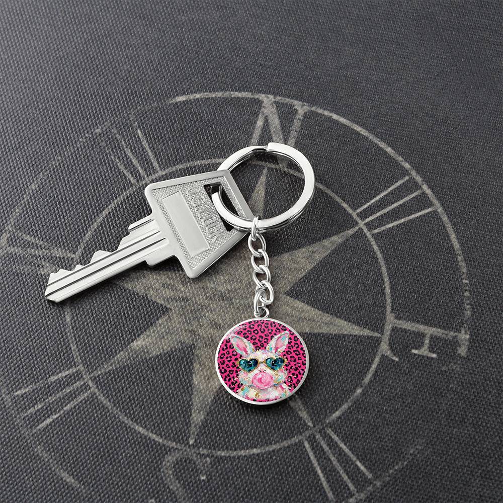 Cute Bunny Necklace or Keychain, Pink Leopard Bunny Jewelry, Kawaii Rabbit Pendant for Teen Girl, Easter Basket Stuffer Gift