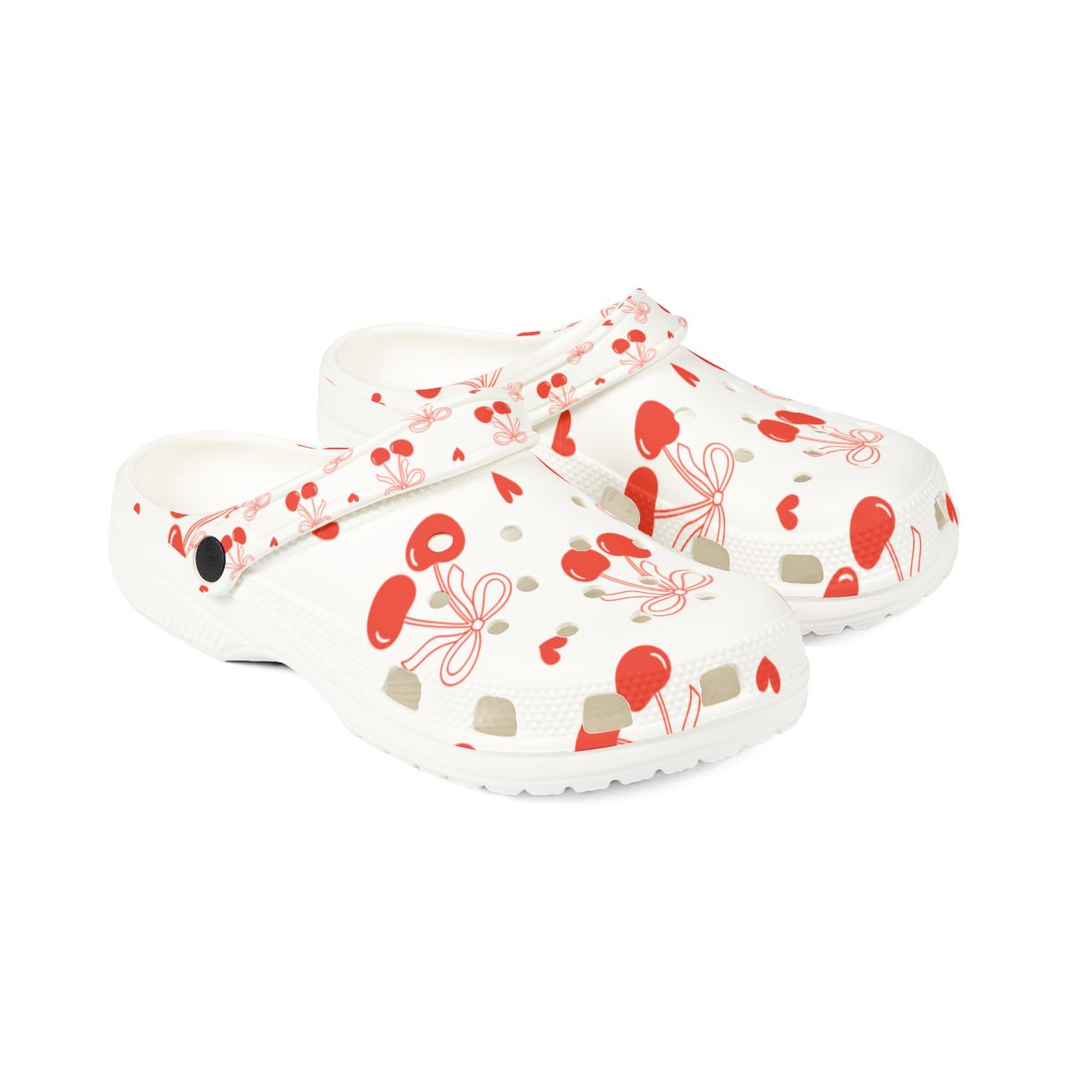 Cherry Bow Garden Shoes for Adults & Kids – Lightweight EVA Slip-On Summer Sandals with Hearts & Fruit Print, Water-Resistant Nurse Comfort