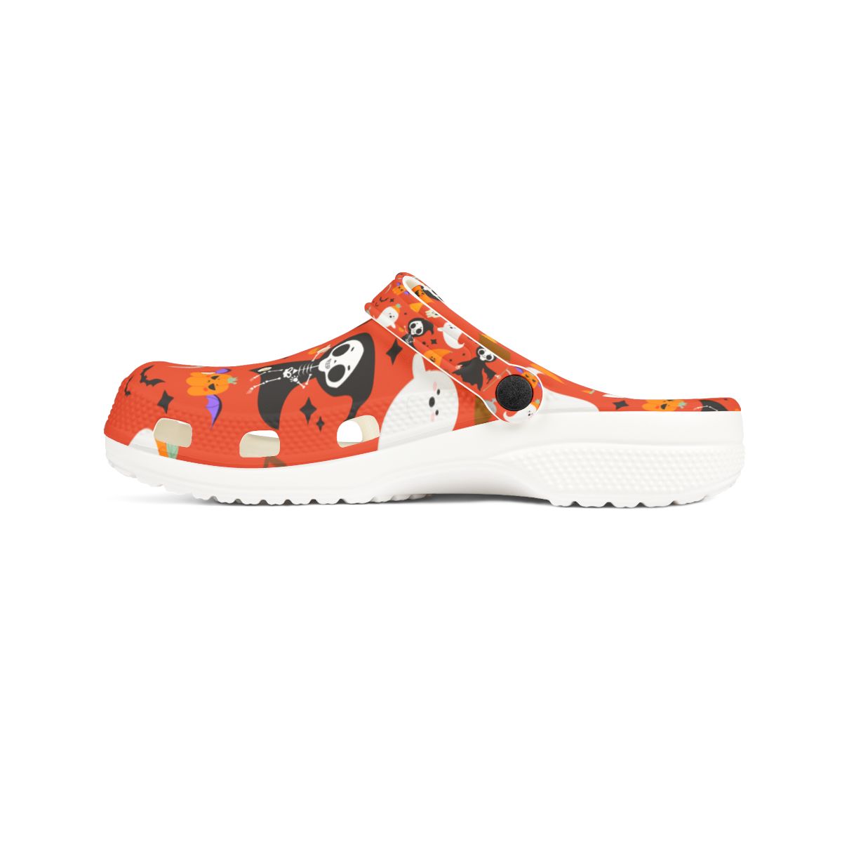 Spooky Orange Halloween Garden Shoes for Adults & Kids – Lightweight EVA Slip-On Sandals with Cats, Ghosts, Candy & Tombstones