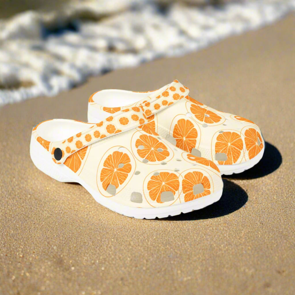 Orange Citrus Clogs – Lightweight EVA Garden Shoes – Fruit Print Slip-On Comfort Mules for Women, Nurses & Summer Style Lovers