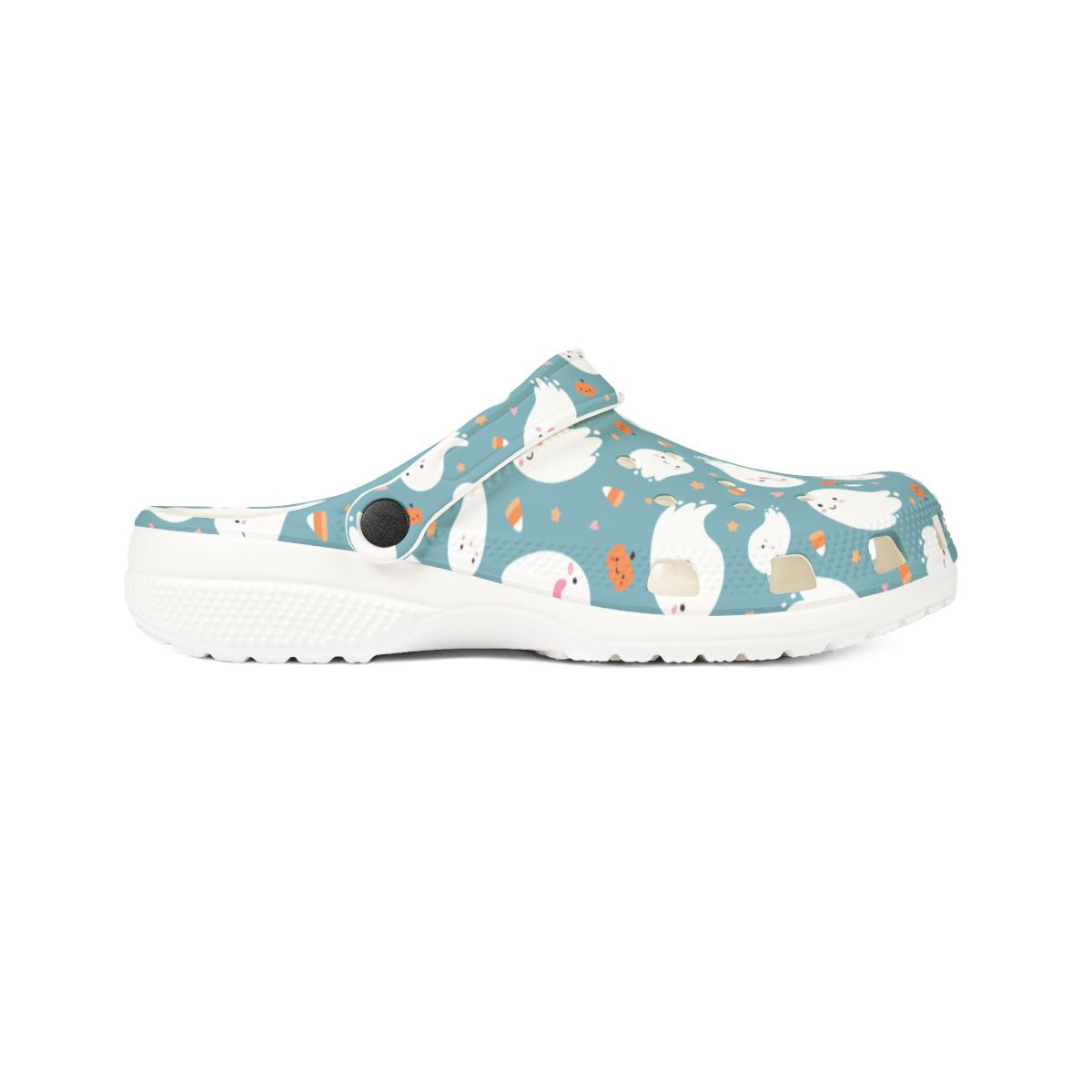 Teal Ghost Garden Shoes for Adults & Kids – Lightweight EVA Slip-On Halloween Sandals Water-Resistant Nurse Comfort & Walking Footwear