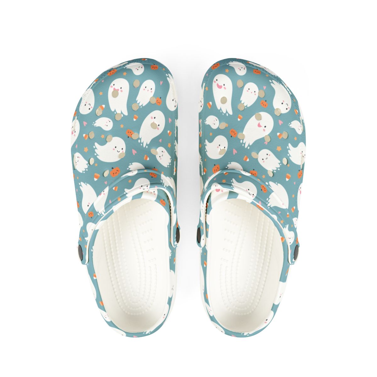 Teal Ghost Garden Shoes for Adults & Kids – Lightweight EVA Slip-On Halloween Sandals Water-Resistant Nurse Comfort & Walking Footwear