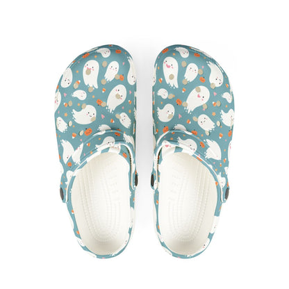 Teal Ghost Garden Shoes for Adults & Kids – Lightweight EVA Slip-On Halloween Sandals Water-Resistant Nurse Comfort & Walking Footwear