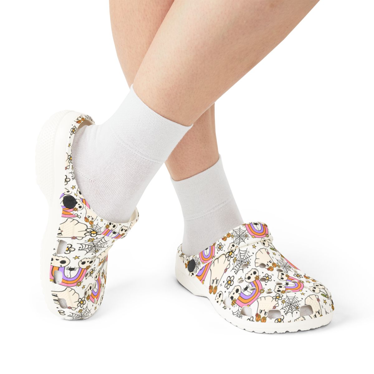 Rainbow Skull Garden Shoes for Adults & Kids – Lightweight EVA Slip-On Halloween Sandals with Spiders, Stars & Flowers, Water-Resistant Nurse Comfort