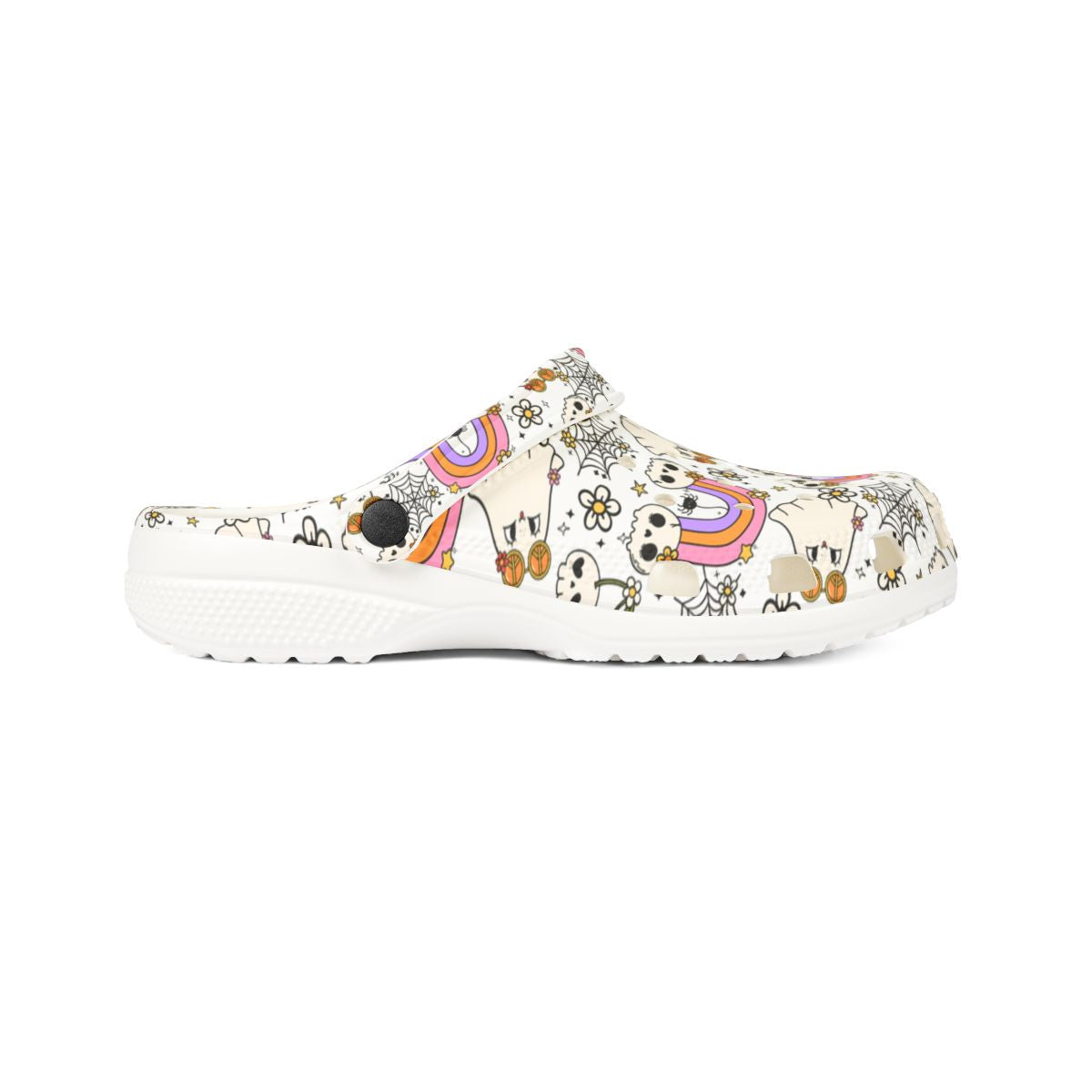 Rainbow Skull Garden Shoes for Adults & Kids – Lightweight EVA Slip-On Halloween Sandals with Spiders, Stars & Flowers, Water-Resistant Nurse Comfort