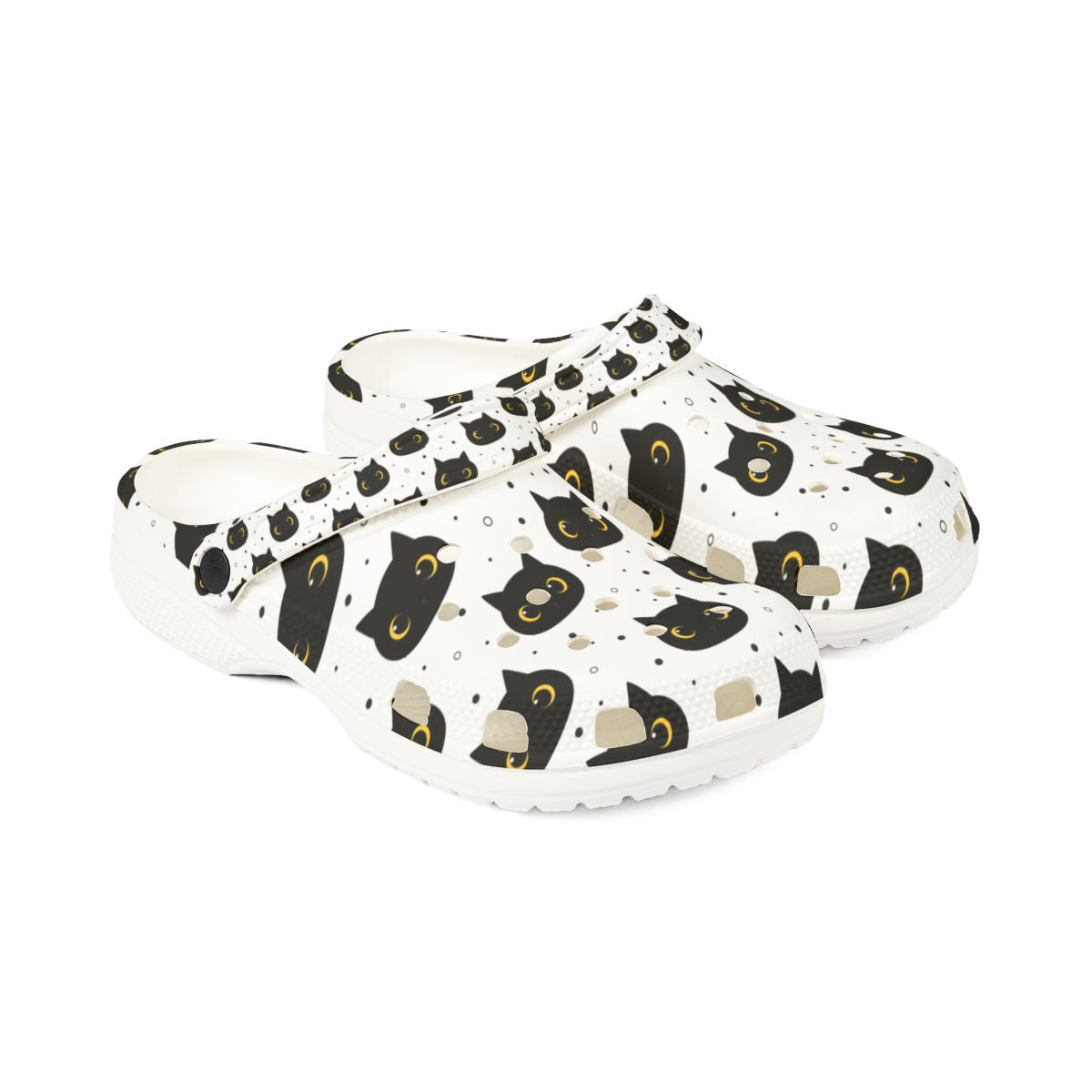 Pair of white clogs with black cat pattern on a white background