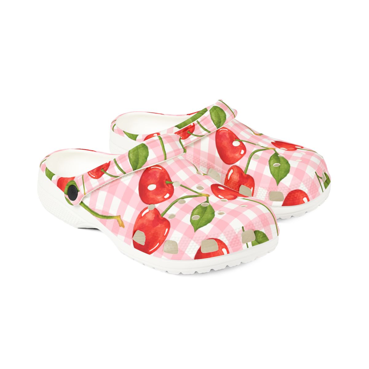 Cherry Gingham Garden Shoes for Adults & Kids – Lightweight EVA Slip-On Pink Picnic Sandals Water-Resistant Nurse Comfort & Walking