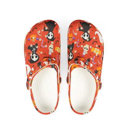 Spooky Orange Halloween Garden Shoes for Adults & Kids – Lightweight EVA Slip-On Sandals with Cats, Ghosts, Candy & Tombstones