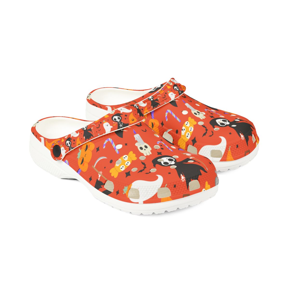 Spooky Orange Halloween Garden Shoes for Adults & Kids – Lightweight EVA Slip-On Sandals with Cats, Ghosts, Candy & Tombstones