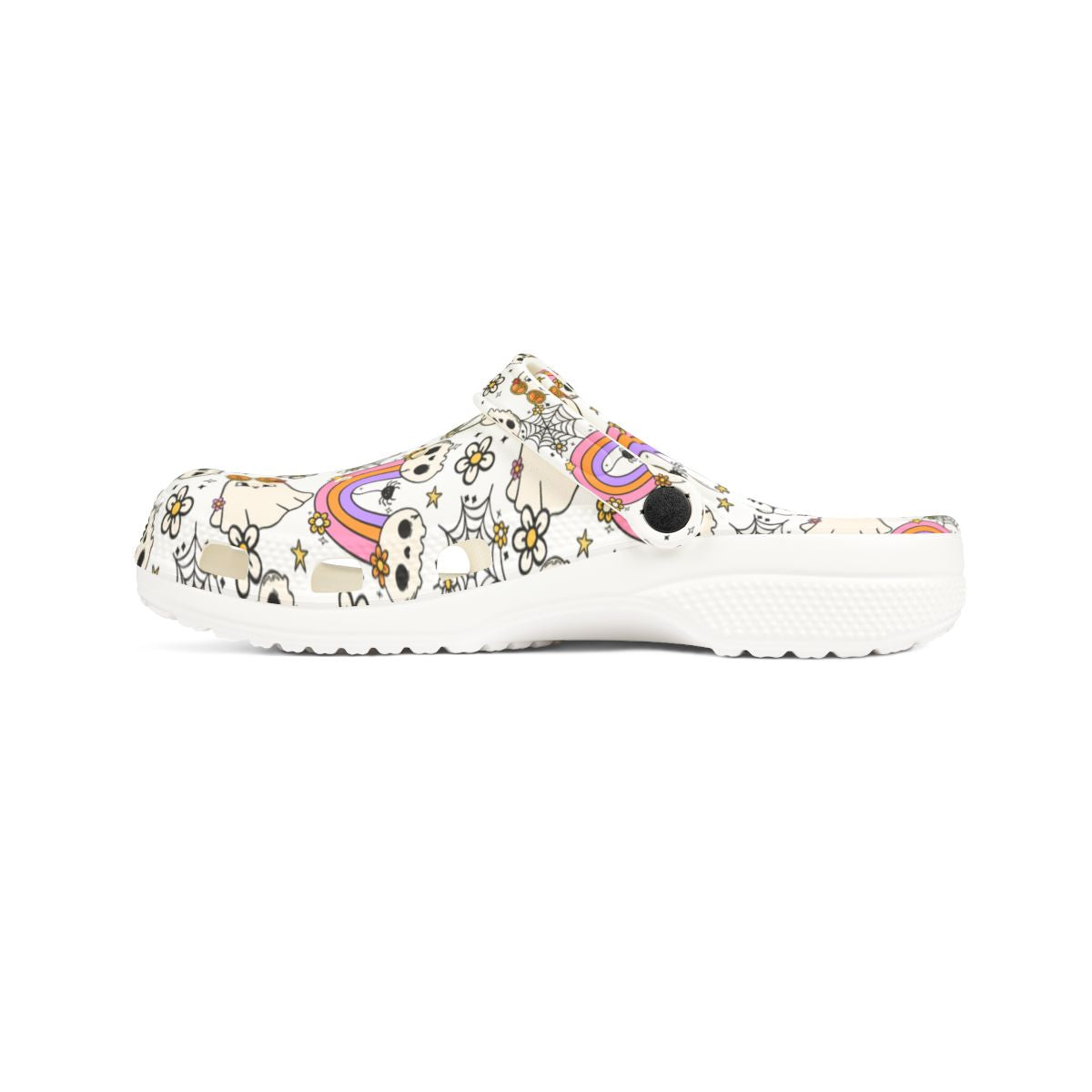 Rainbow Skull Garden Shoes for Adults & Kids – Lightweight EVA Slip-On Halloween Sandals with Spiders, Stars & Flowers, Water-Resistant Nurse Comfort
