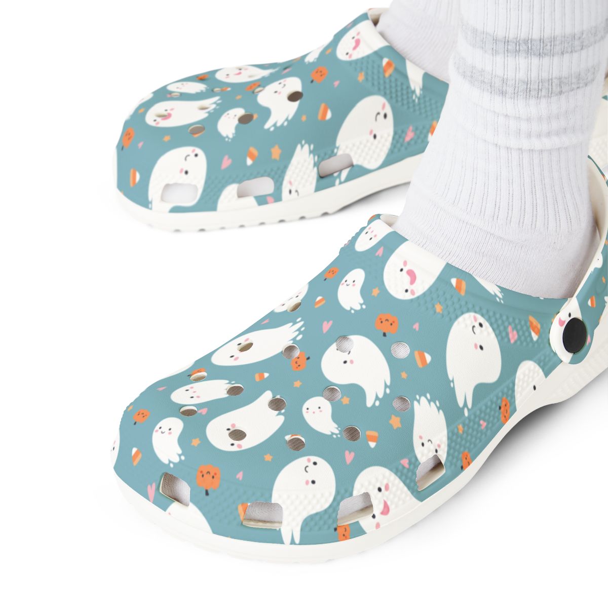 Teal Ghost Garden Shoes for Adults & Kids – Lightweight EVA Slip-On Halloween Sandals Water-Resistant Nurse Comfort & Walking Footwear