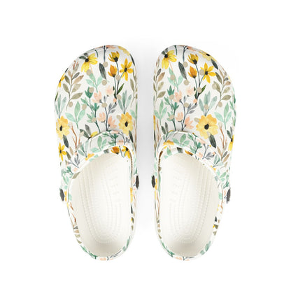 Wildflower Bloom Garden Shoes for Adults & Kids – Lightweight EVA Slip-On White Floral Sandals Water-Resistant Nurse Comfort & Walking