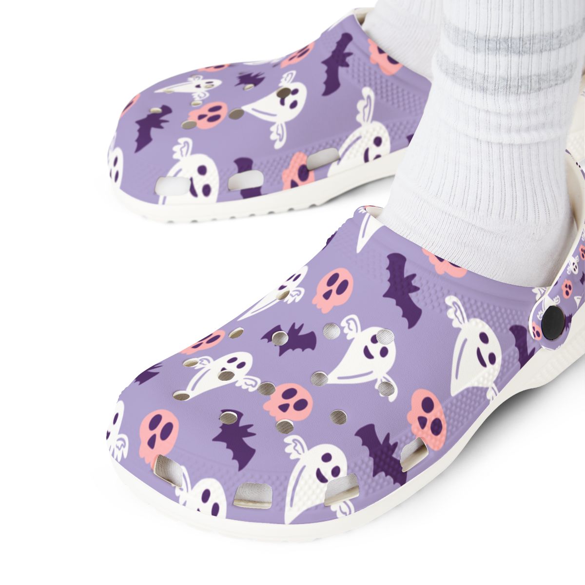 Purple Ghost Bat Garden Shoes for Adults & Kids – Lightweight EVA Slip-On Halloween Sandals Water-Resistant Nurse Comfort Footwear