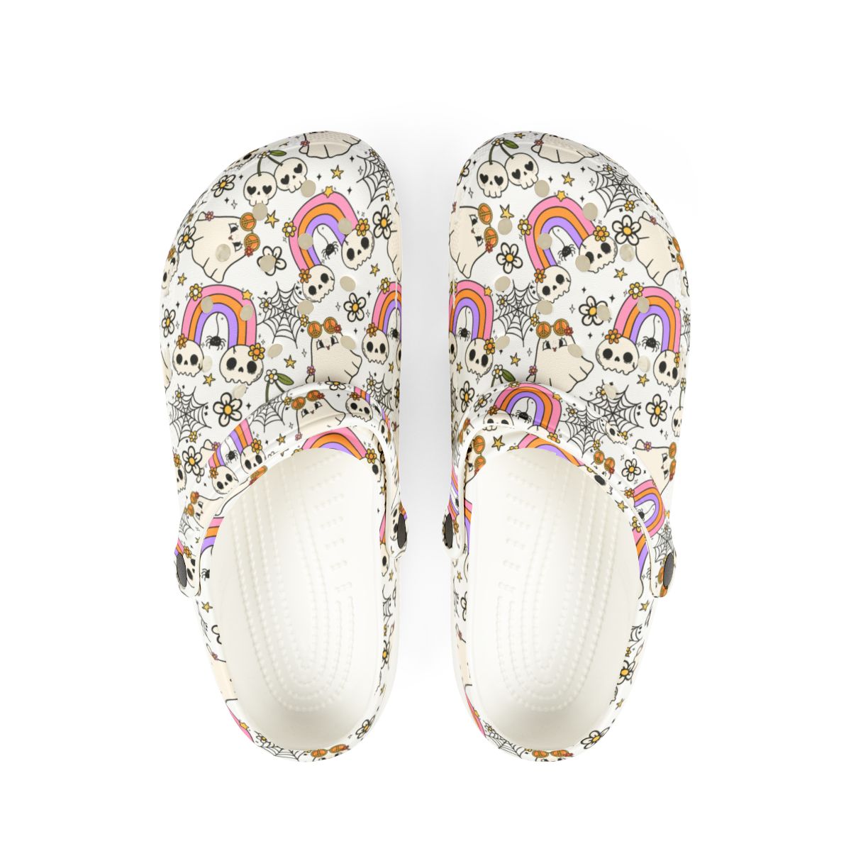 Rainbow Skull Garden Shoes for Adults & Kids – Lightweight EVA Slip-On Halloween Sandals with Spiders, Stars & Flowers, Water-Resistant Nurse Comfort