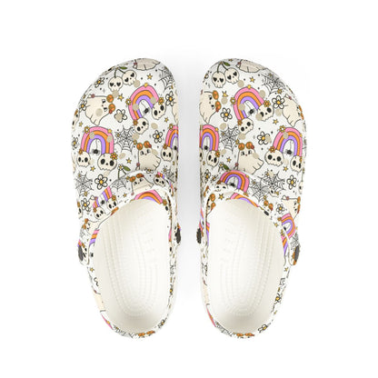 Rainbow Skull Garden Shoes for Adults & Kids – Lightweight EVA Slip-On Halloween Sandals with Spiders, Stars & Flowers, Water-Resistant Nurse Comfort