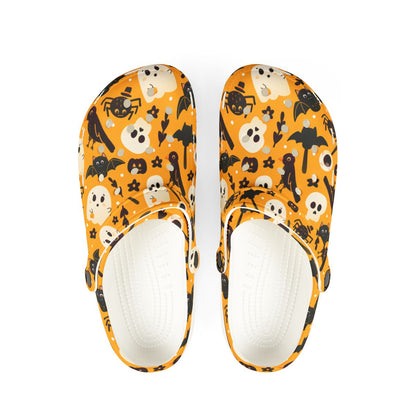 Orange Halloween Garden Shoes for Adults & Kids – Lightweight EVA Slip-On Ghost Bat Pumpkin Sandals Water-Resistant Nurse Comfort & Walking Footwear