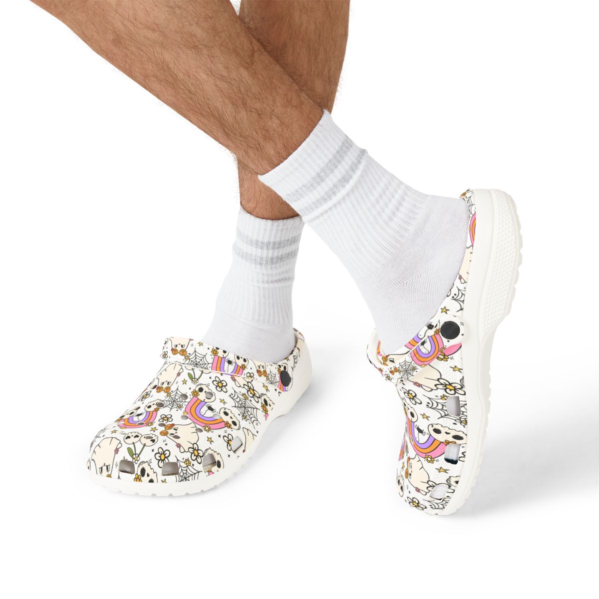Rainbow Skull Garden Shoes for Adults & Kids – Lightweight EVA Slip-On Halloween Sandals with Spiders, Stars & Flowers, Water-Resistant Nurse Comfort