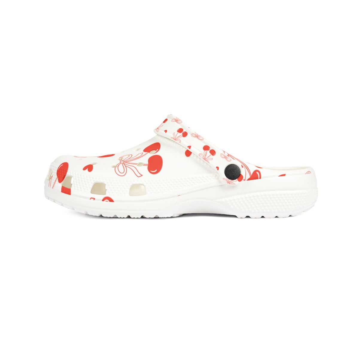 Cherry Bow Garden Shoes for Adults & Kids – Lightweight EVA Slip-On Summer Sandals with Hearts & Fruit Print, Water-Resistant Nurse Comfort