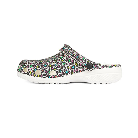 Confetti Leopard Garden Shoes for Adults & Kids – Lightweight EVA Slip-On Colorful Animal Sandals Water-Resistant Nurse Comfort & Walking