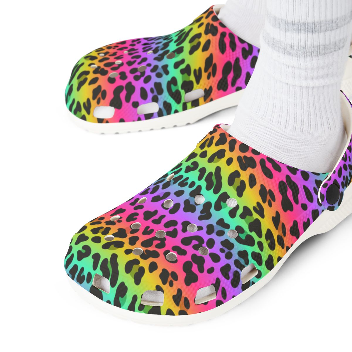 Rainbow Leopard Garden Shoes for Adults & Kids – Lightweight EVA Slip-On Bold Animal Sandals Water-Resistant Nurse Comfort & Festival Walking