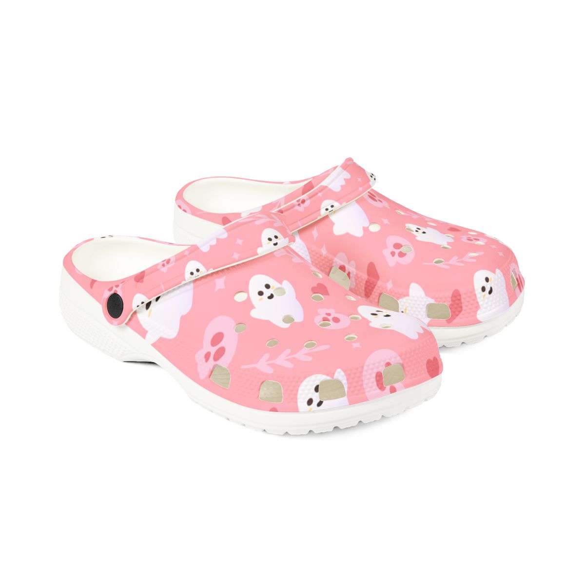 Pink Ghost Garden Shoes for Adults & Kids – Lightweight EVA Slip-On Halloween Sandals Water-Resistant Nurse Comfort Footwear