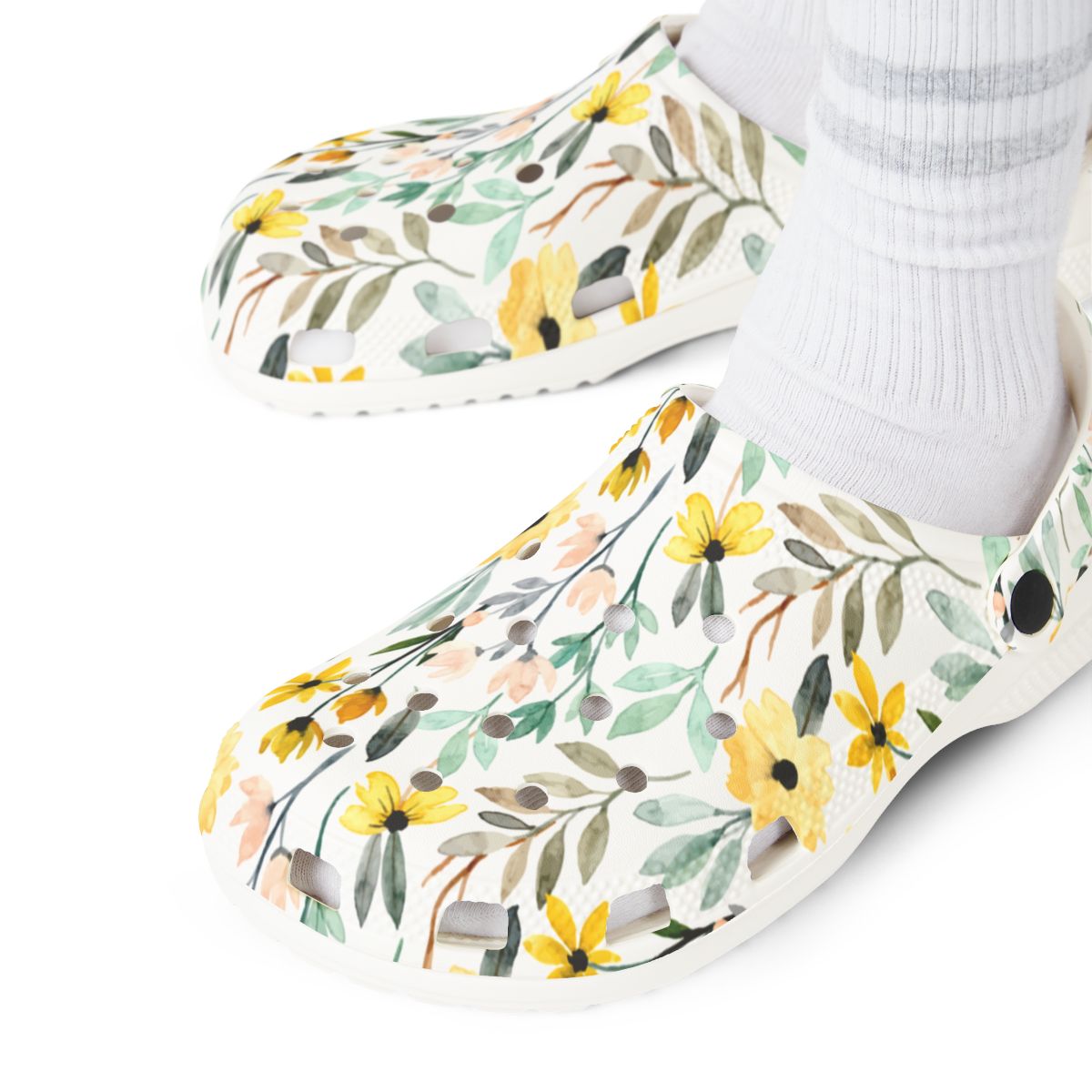 Wildflower Bloom Garden Shoes for Adults & Kids – Lightweight EVA Slip-On White Floral Sandals Water-Resistant Nurse Comfort & Walking