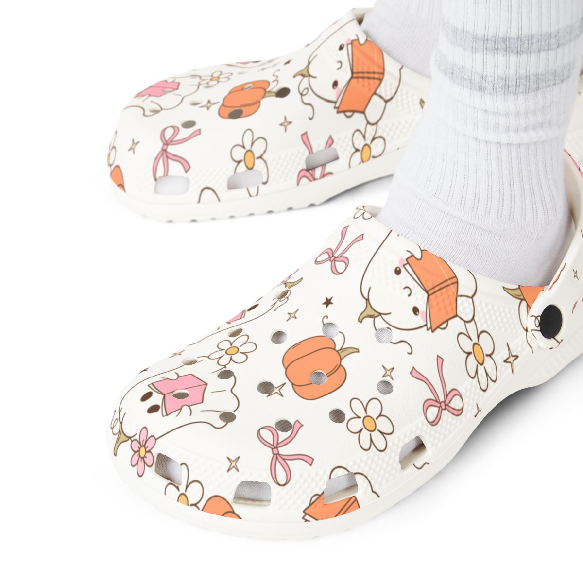 Pastel Ghost Pumpkin Garden Shoes for Adults & Kids – Lightweight EVA Slip-On Halloween Sandals Water-Resistant Nurse Comfort Footwear