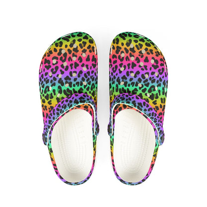 Rainbow Leopard Garden Shoes for Adults & Kids – Lightweight EVA Slip-On Bold Animal Sandals Water-Resistant Nurse Comfort & Festival Walking