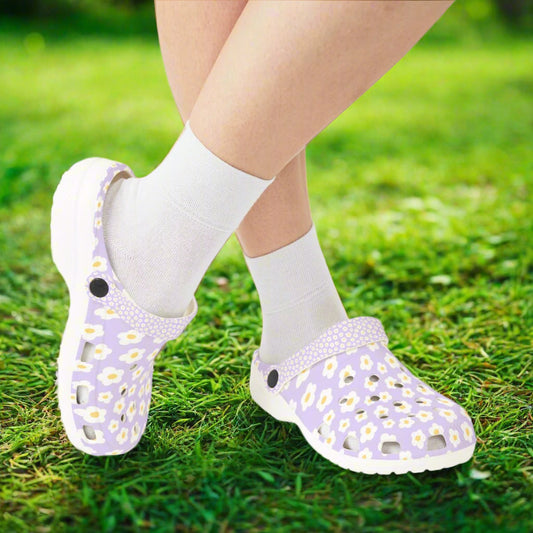Lavender Daisy Clogs – Cute Floral Garden Shoes – Lightweight Comfort for Women, Cottagecore Shoes, Aesthetic Clogs, Floral Garden Clogs