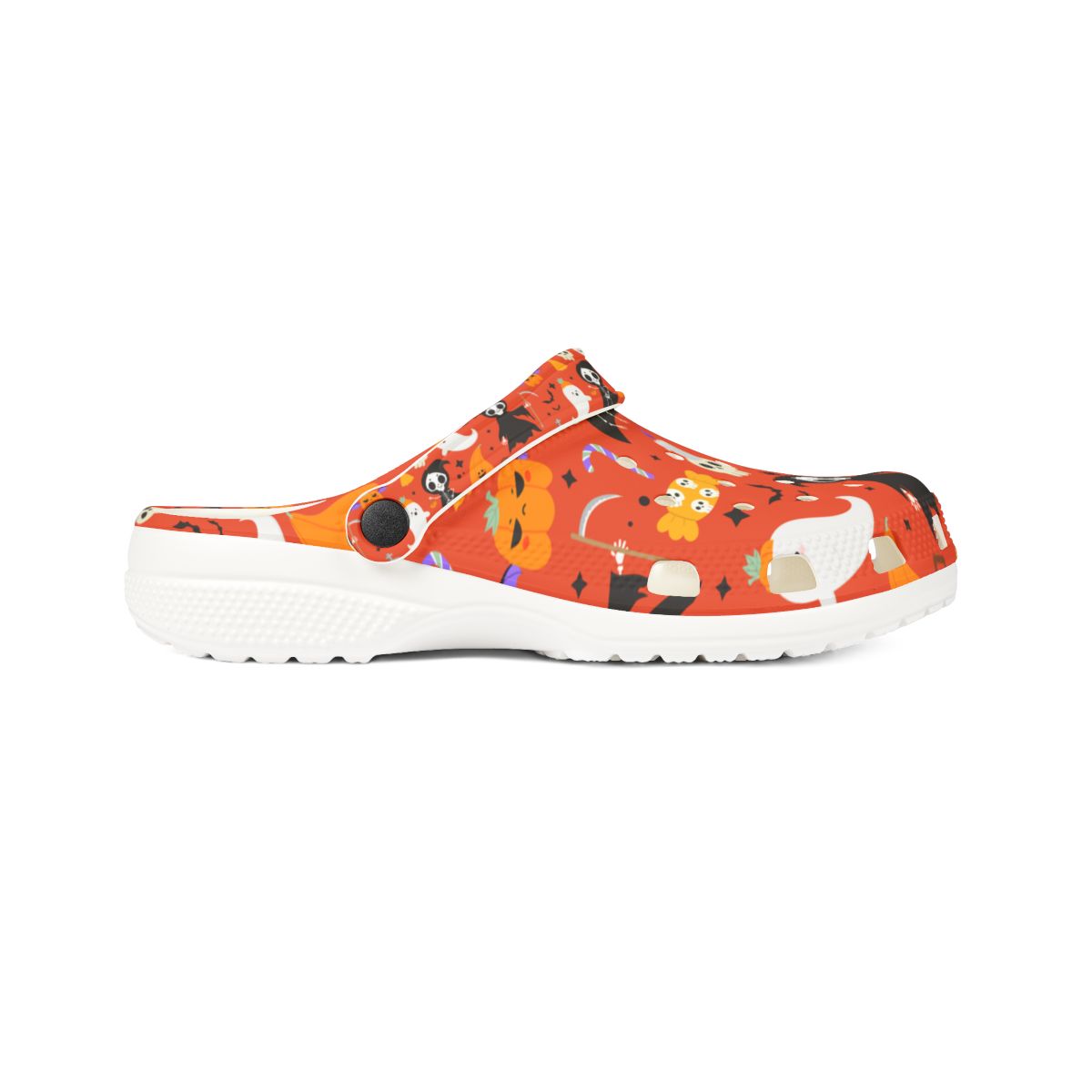 Spooky Orange Halloween Garden Shoes for Adults & Kids – Lightweight EVA Slip-On Sandals with Cats, Ghosts, Candy & Tombstones