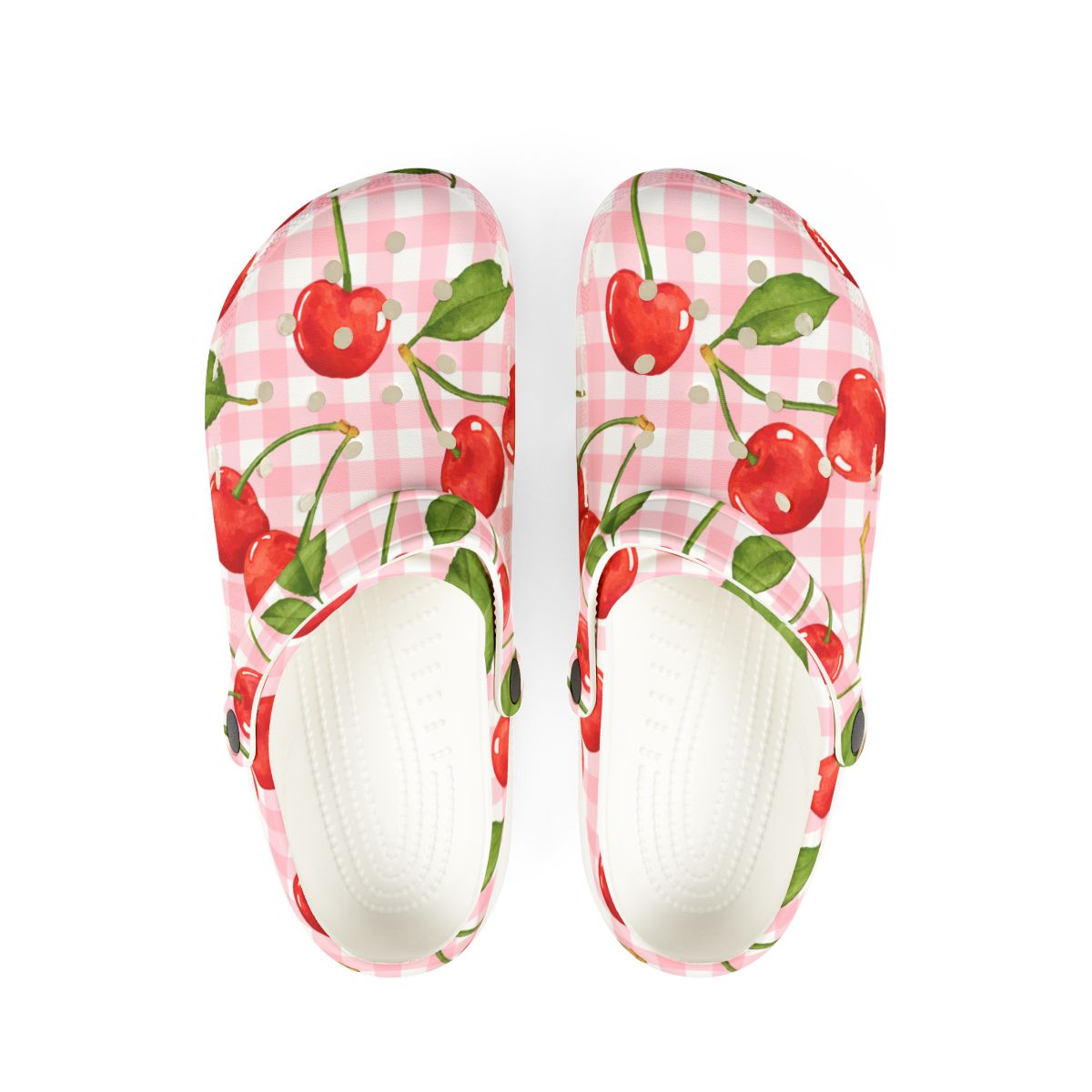 Cherry Gingham Garden Shoes for Adults & Kids – Lightweight EVA Slip-On Pink Picnic Sandals Water-Resistant Nurse Comfort & Walking