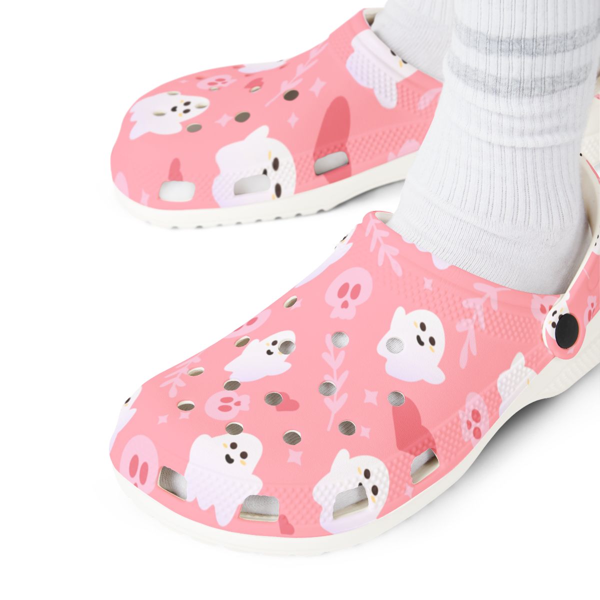 Pink Ghost Garden Shoes for Adults & Kids – Lightweight EVA Slip-On Halloween Sandals Water-Resistant Nurse Comfort Footwear