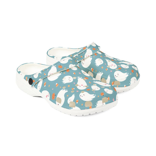 Teal Ghost Garden Shoes for Adults & Kids – Lightweight EVA Slip-On Halloween Sandals Water-Resistant Nurse Comfort & Walking Footwear
