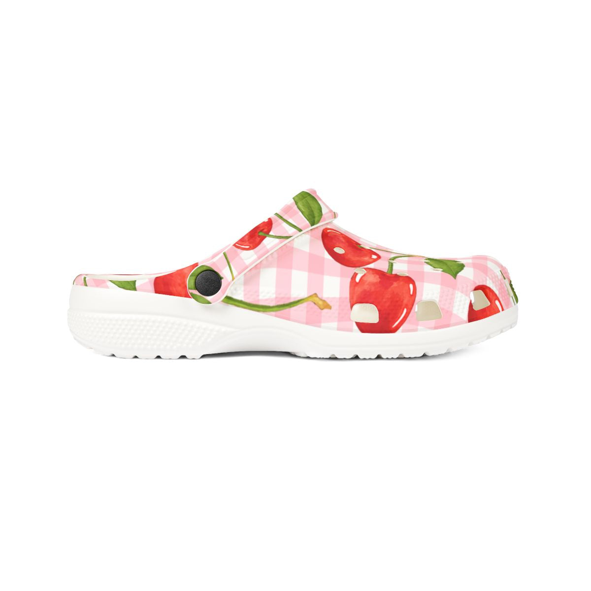 Cherry Gingham Garden Shoes for Adults & Kids – Lightweight EVA Slip-On Pink Picnic Sandals Water-Resistant Nurse Comfort & Walking