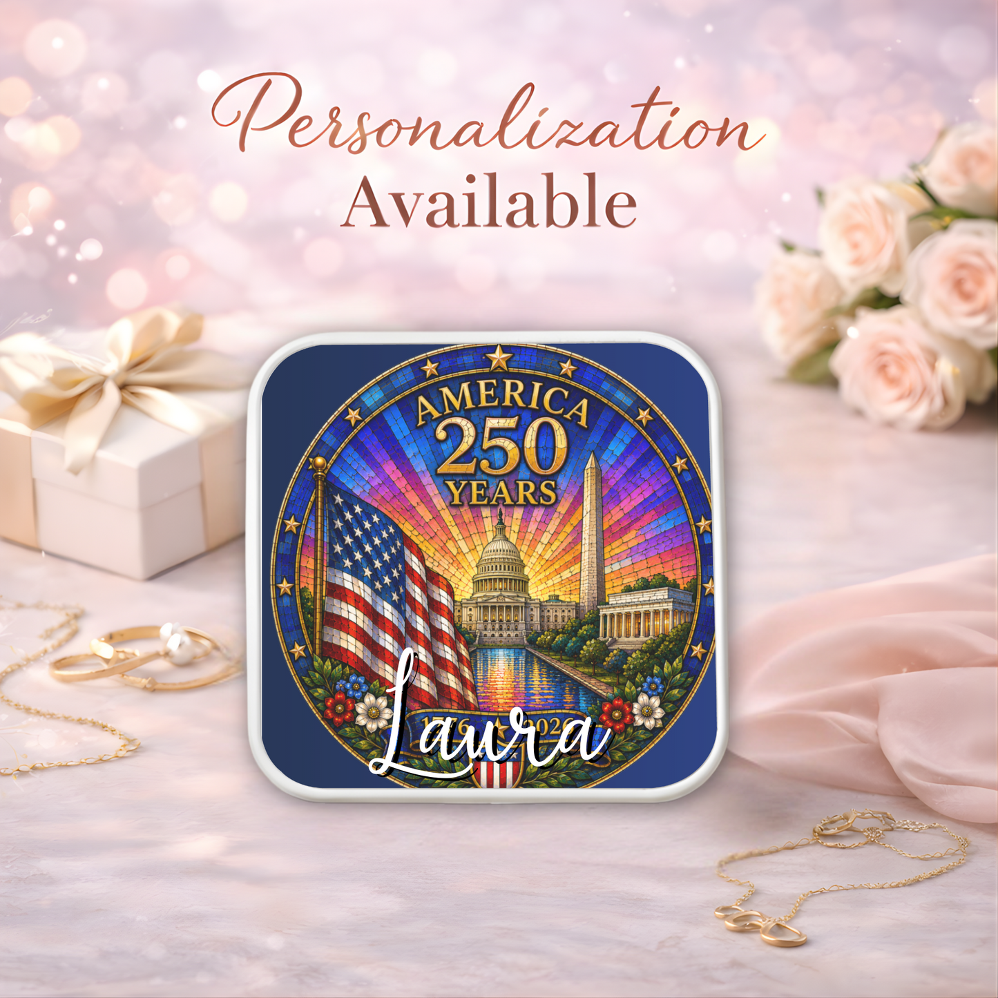 America 250 Years Necklace or Keychain Stained Glass Style USA Commemorative Limited Edition Patriotic Keepsake