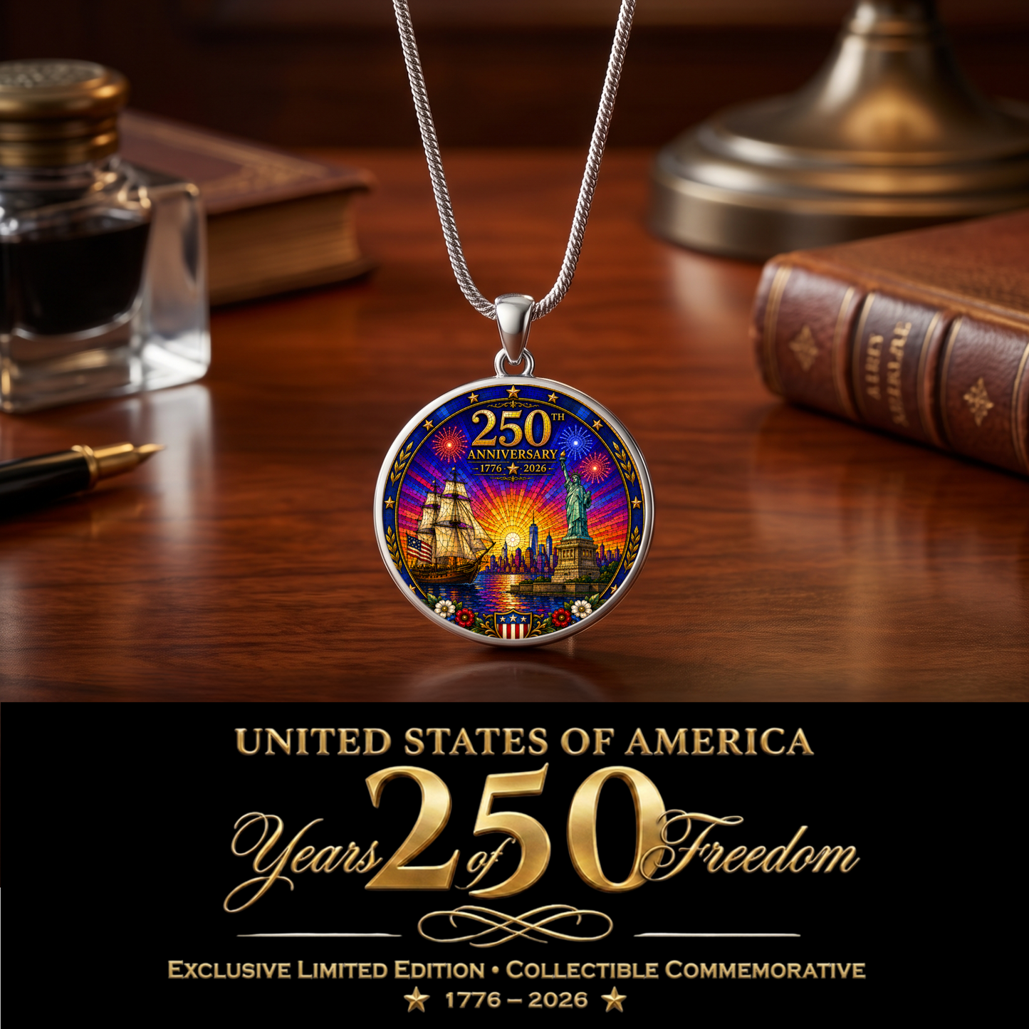 250th Anniversary Necklace or Keychain Stained Glass Style Statue of Liberty Ship NYC Commemorative Limited Edition