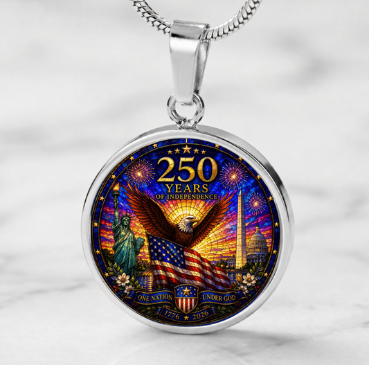250 Years of Independence Necklace or Keychain Stained Glass Style Patriotic Eagle USA Commemorative Limited Edition