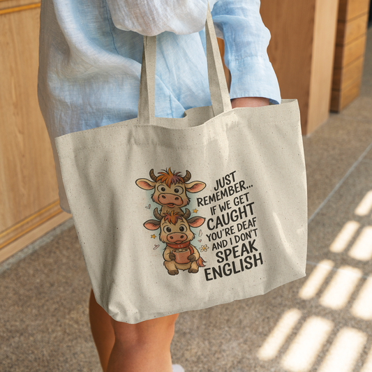 Funny Cow Mug or Tote Bag – “If We Get Caught You're Deaf and I Don't Speak English” – Sarcastic Gift for Best Friend or Cow Lover