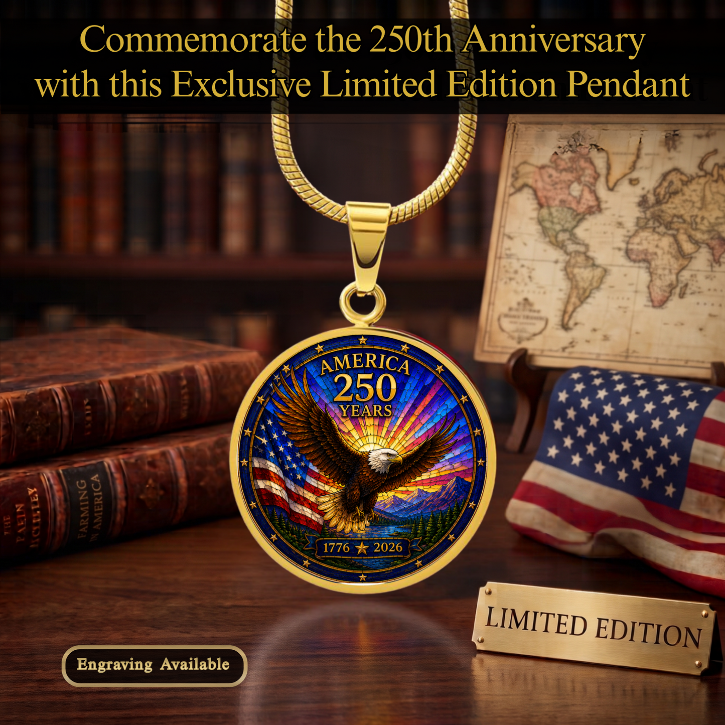 America 250 Years Necklace or Keychain Stained Glass Style USA Commemorative Limited Edition Patriotic Keepsake