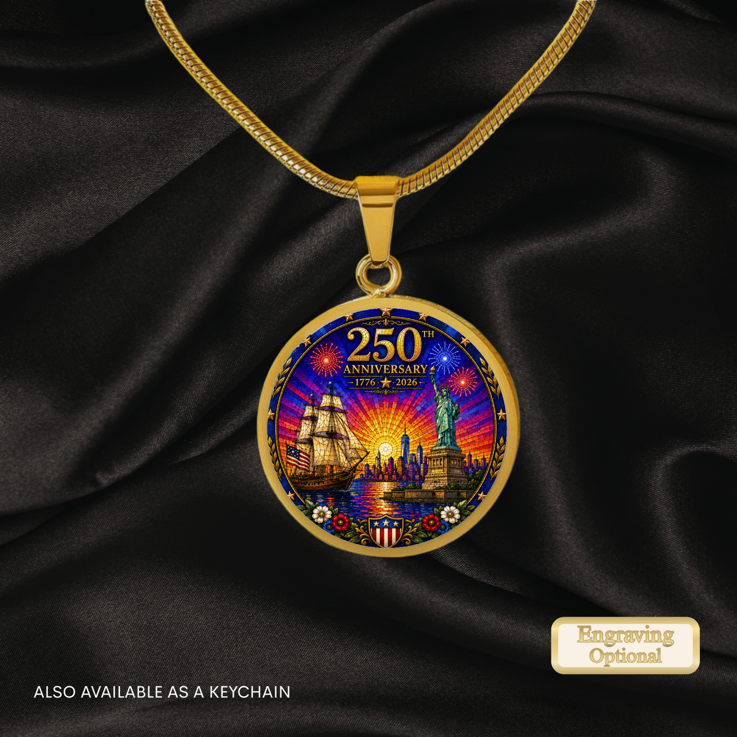 250th Anniversary Necklace or Keychain Stained Glass Style Statue of Liberty Ship NYC Commemorative Limited Edition