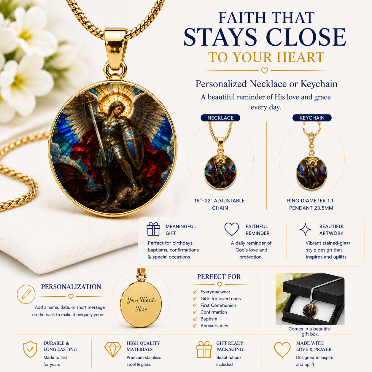 Archangel Michael Necklace or Keychain, Saint Michael Catholic Necklace, Protection Jewelry, Religious Keepsake Gift